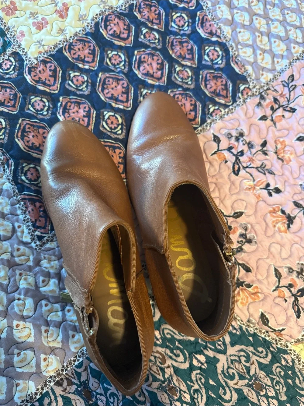 Sam Edelman Cognac Brown Leather Ankle Booties with Side Zip
